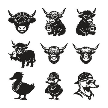black and white animal icons with accessories