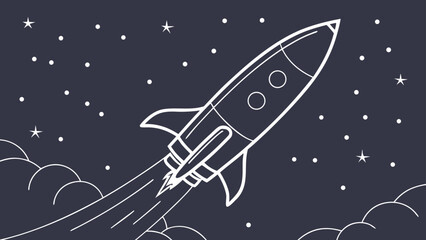 Graphic illustration of a rocket ship launching into outer space with astronomy © sosi