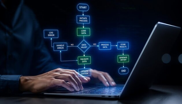 Business workflow planning algorithm concept with glowing flowchart diagram hologram