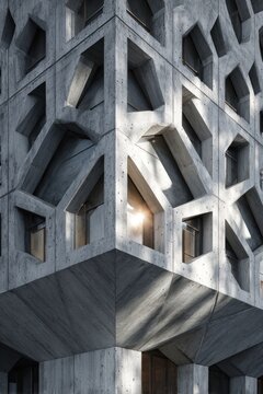 modern concrete building with geometric windows