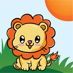Obraz premium Happy little lion vector illustration with bright colors and friendly expression. Cute animal cartoon suitable for educational resources, storybooks, stickers, and children's creative activities.