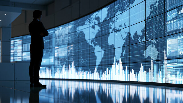 Business Analyst Silhouette Facing Digital World Map with Financial Charts