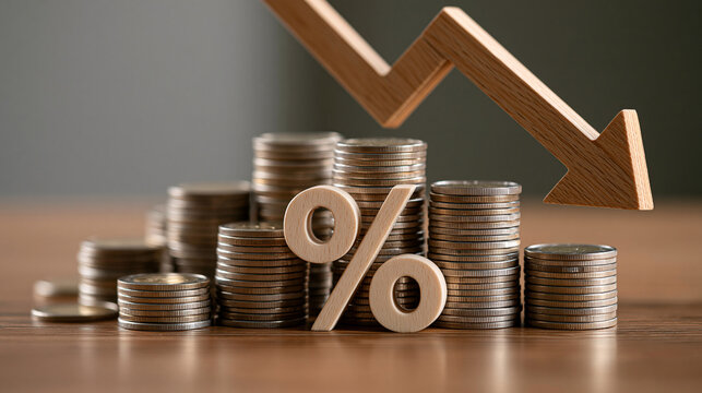 Stacks of Coins with Wooden Percentage Symbol and Downward Financial Arrow