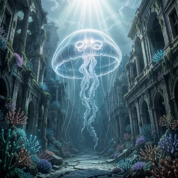 A colossal, bioluminescent jellyfish drifts through the decaying grandeur of an ancient, forgotten city at the bottom of the ocean