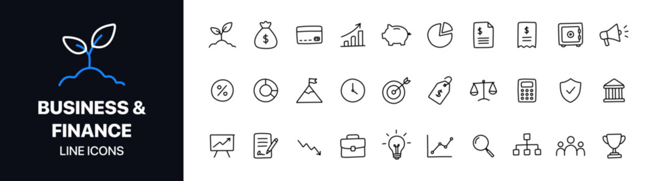 Hand drawn business and finance line icons featuring banking, budgeting, analytics, investments, and financial management symbols. Ideal for websites, fintech apps, presentations, dashboards.