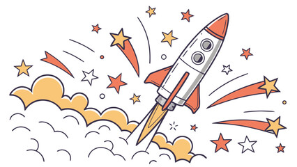 Cartoon rocket ship launching with stars and clouds illustration adventure © kona