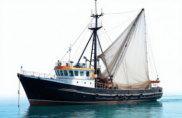 Obraz premium Fishing trawler sails on blue ocean water. Nets deployed for catching seafood, commercial boat at sea. Maritime industry vessel operates offshore.