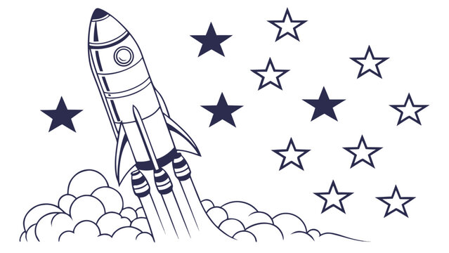 Minimalist rocket ship launching into space with stars exploration astronomy