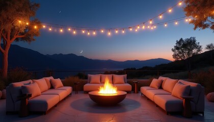 Fototapeta premium Outdoor lounge with sofas around fire pit. String lights glow under twilight sky. Mountain and lake view at dusk. Cozy evening patio setting.