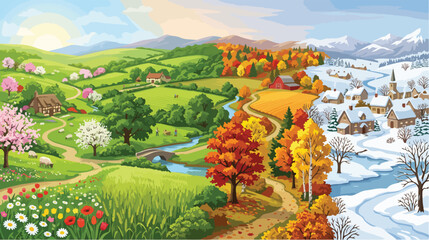 Obraz premium Beautiful landscape illustration showcasing the four seasons changing across a vibrant countryside valley featuring blossoming flowers golden autumn trees and a peaceful snow covered winter village