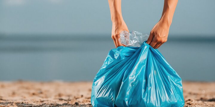 Cleaning volunteer hands with plastic trash bag on sandy beach environmental protection