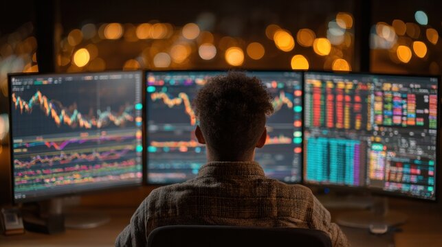 trader analyzing financial data on multiple screens