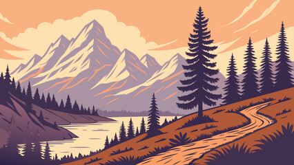 Fototapeta premium Graphic illustration of a mountain range with a winding road at sunset, climbing