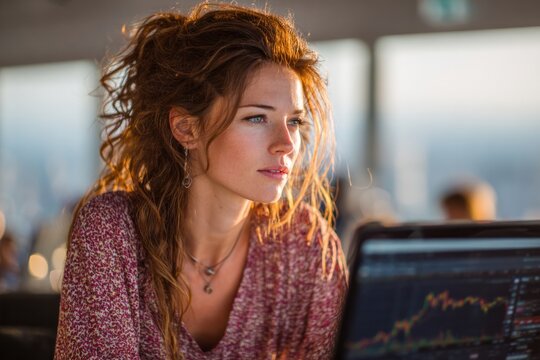 woman working on laptop with city view
