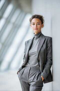 confident woman in stylish gray suit