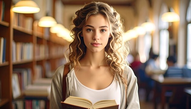 A young woman, holding an open book, stands centered in a library, surrounded by bookshelves. Warm lighting illuminates the scene