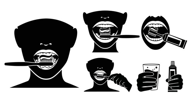 Black silhouette man brushing teeth.