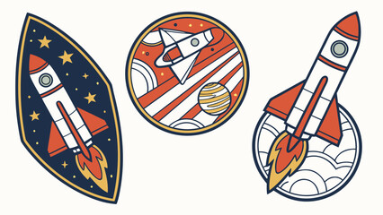 Rocket ship space mission patches and cosmic exploration icons with exploration © kona