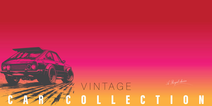 A stylized illustration of a vintage sports car with a bold spoiler speeds across a vibrant, gradient background, evoking a sense of nostalgia and power.