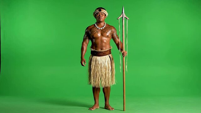 Tribal Warrior in Traditional Attire with Spear Standing on Bright Green Screen Background for Cultural and Artistic Projects