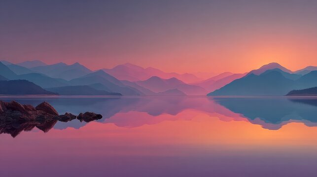 serene sunset over tranquil mountain lake
