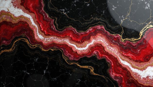 Abstract art shows swirling waves of deep red and white mixed with black marble and gold veins. Luxurious texture mimics natural stone, creating rich visual impact.