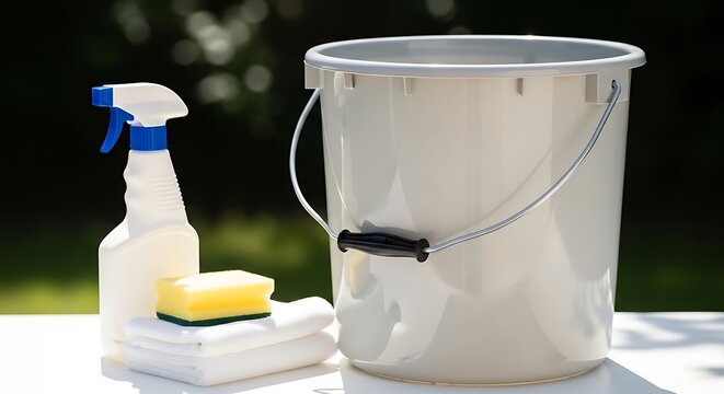 Plastic cleaning bucket with spray bottle and sponge for household chores. 5 gallon bucket