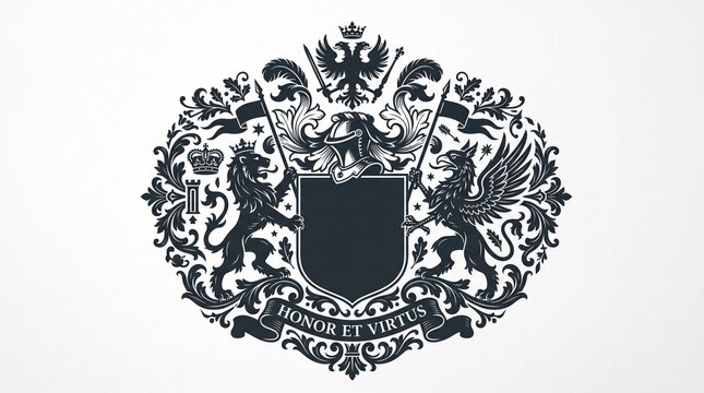 Vintage heraldic coat of arms emblem with a shield and mythical creatures