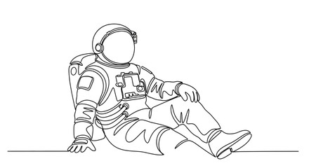 Fototapeta premium Astronaut relaxing in space, continuous line drawing