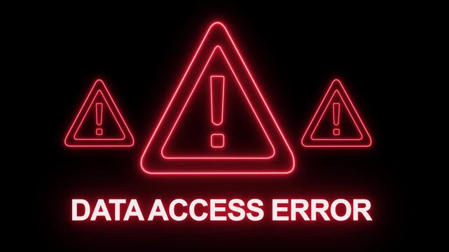 Neon red data access error warning sign flashing on dark background, digital cybersecurity alert symbol for system failure, network security breach notification, technology software problem concept
