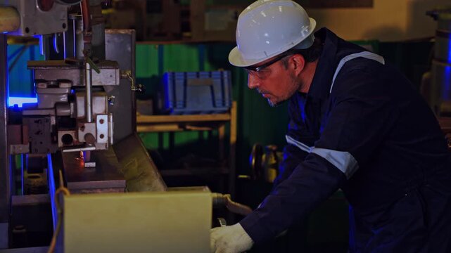 Focused industrial worker operating heavy machinery inside modern metal factory during manufacturing production process wearing hardhat and safety equipment as skilled professional operator