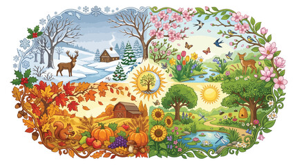 Vibrant illustration depicting the four distinct seasons of the year featuring animals plants and landscapes in a circular artistic composition with detailed hand drawn style elements © hadi