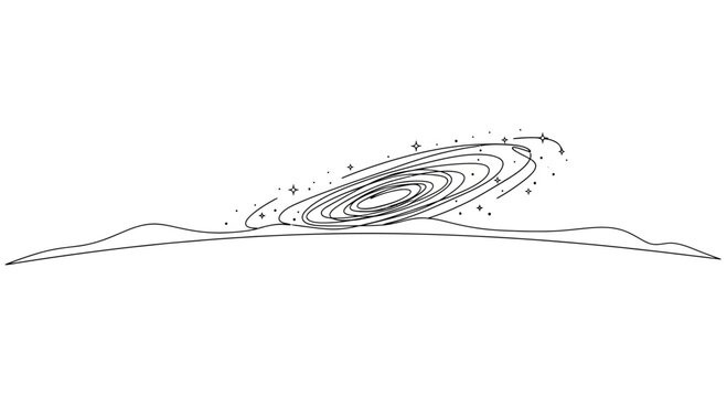 Cosmic Vortex Swirls Above Horizon Line with Stars - Hand Drawn Illustration