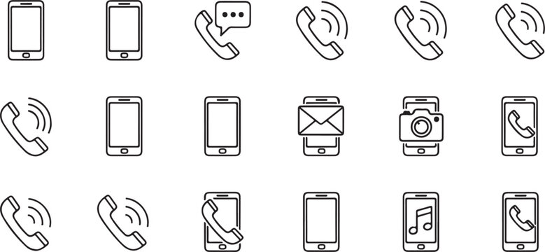 Collection of mobile phones and telephones icons on white background