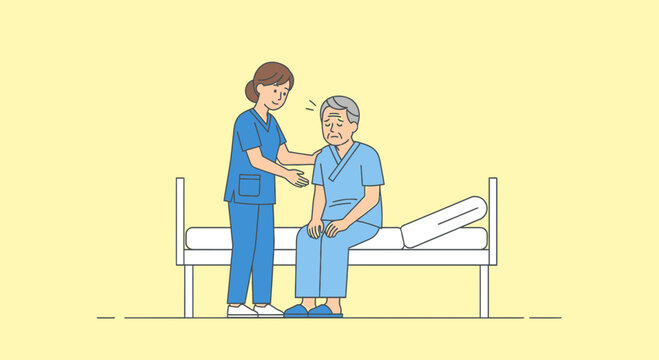Nurse assisting elderly patient sitting on hospital bed, care and support concept