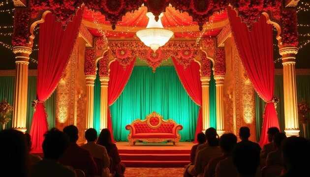 Ornate Indian wedding stage decor features red velvet sofa and ornate arches with red flowers and gold accents. Green curtains and soft lighting create a festive atmosphere for guests seated.