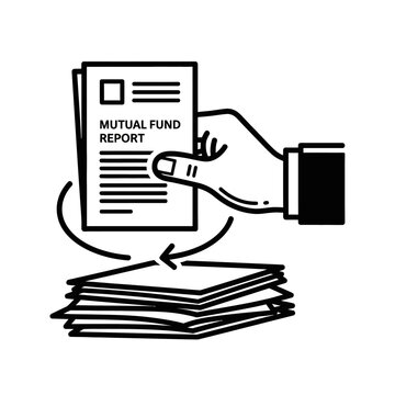 Hand selecting mutual fund report from documents stack.