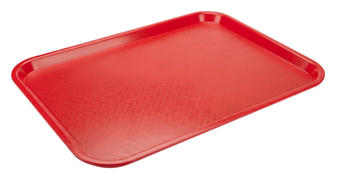 Red plastic cafeteria tray with textured surface angled view on transparent background rectangle container serving meal