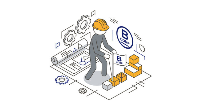 Isometric illustration of construction worker with blockchain technology elements.