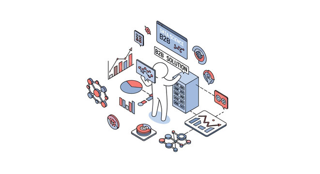Isometric illustration of big data analytics and business intelligence concepts.