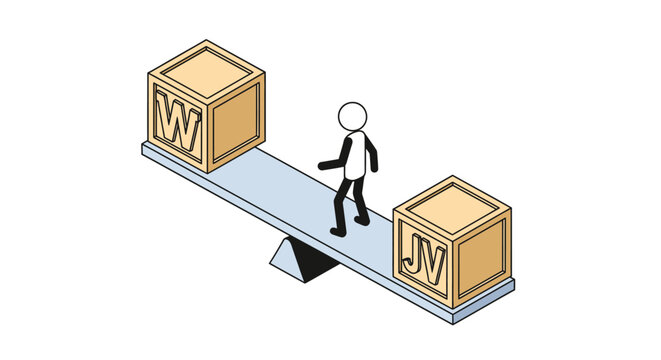 Cartoon character balancing heavy boxes on seesaw scale.