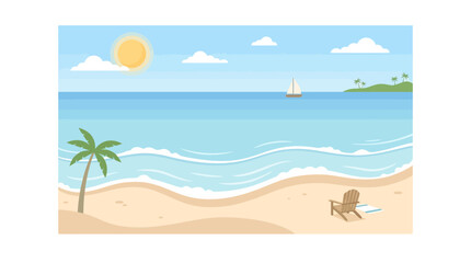 Obraz premium Tropical beach with palm tree and sailboat under sunny sky