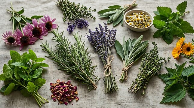 Assortment of fresh and dried medicinal herbs and flowers for holistic wellness