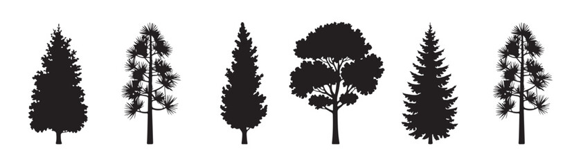 Detailed black tree silhouettes collection for forest and nature landscape projects on white background. © Labib