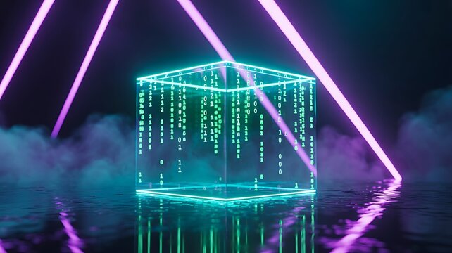 Futuristic digital portal and virtual technology concept with neon glowing cube