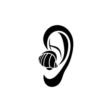 A striking black silhouette depicts a human ear with a nautilus shell inside a unique composition silhouette
