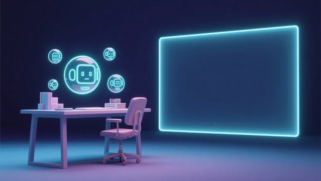 紫の光に包まれたデスクと浮かび上がるロボットのアイコンと青白いネオン枠の画面、テクノロジーのコンセプトイメージ