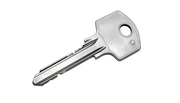 Isolated silver metal house key with serrated edge and rounded bow, symbolic of access and security on a white background