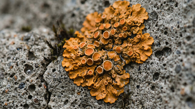 Vibrant orange lichen growing on wet grey textured stone outdoors