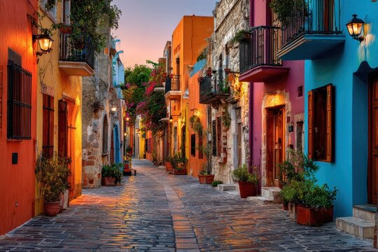 colorful alleyway at dusk with warm lights